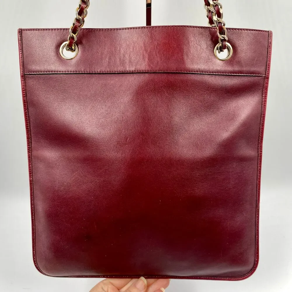 Chanel Burgundy Lambskin Leather Flat Tote Bag Large Classic CC Chain Vintage